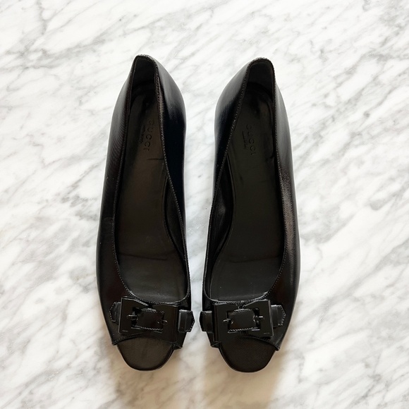 GUCCI Peep Toe Flats | Black Dialux Queen Size 11 - Picture 2 of 10